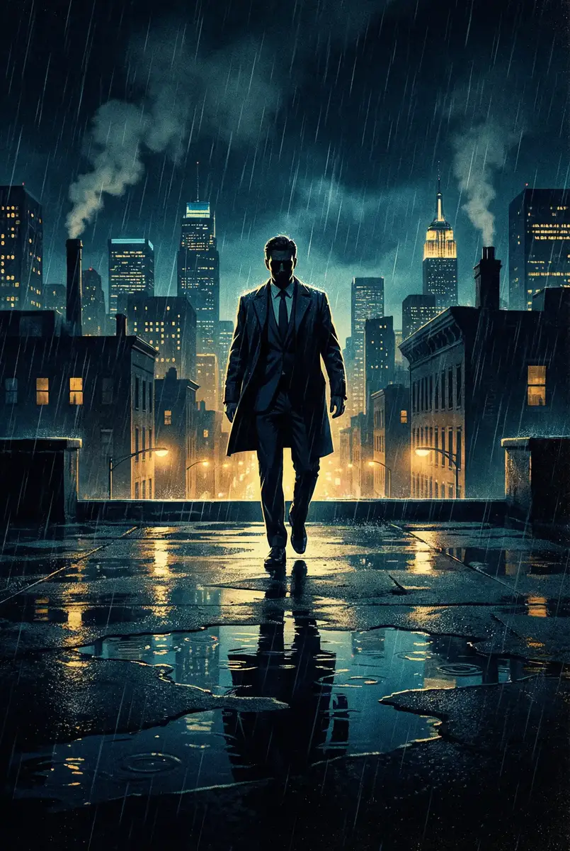 品色永远免费论坛 出品影片《雨夜独行者》海报，雨中城市屋顶男性剪影